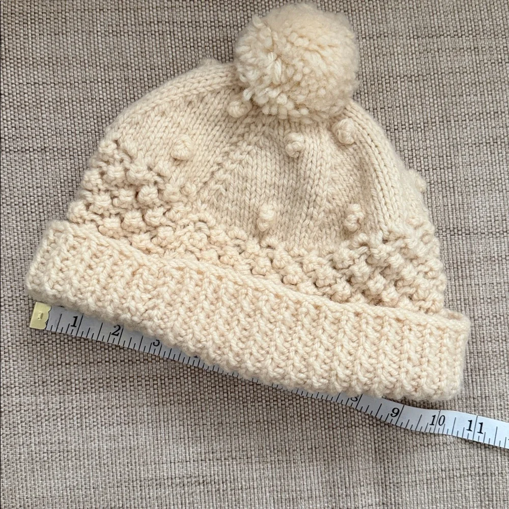 Vintage hand-knitted Kids beanie textured bubble stitch pom-pom Irish Wool?